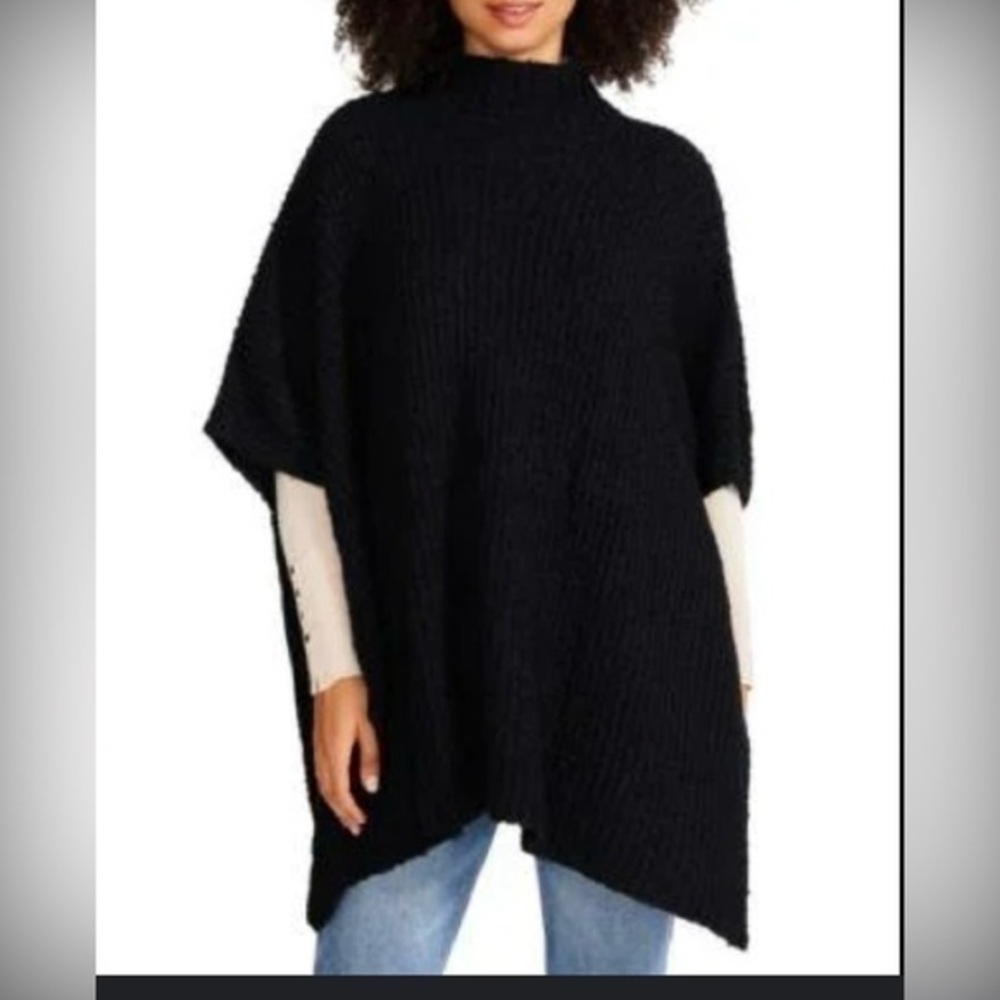 Steve Madden Women Funnel Collar Knitted Poncho, Black sweater pullover sweater